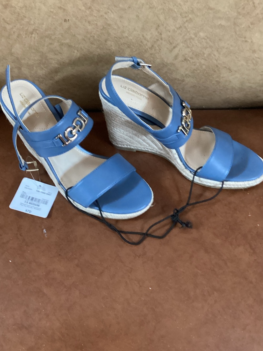 Liz Claiborne Blue Wedge Sandals with Gold Chain Accent